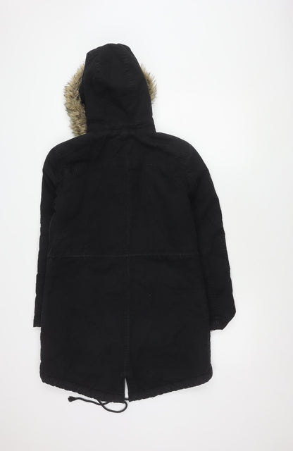 GAP Women's Black Parka Coat S Hooded Fur Trim