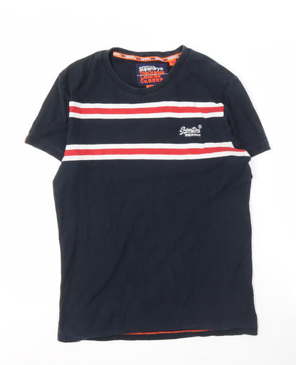 Superdry Men's Blue Striped T-Shirt Small Logo Accents