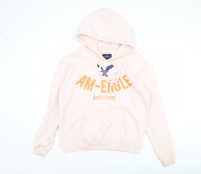 American Eagle Women's Pink Hooded Graphic Pullover M