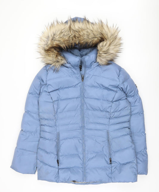 Andrew Marc Women's Blue Puffer Jacket with Fur Trim L