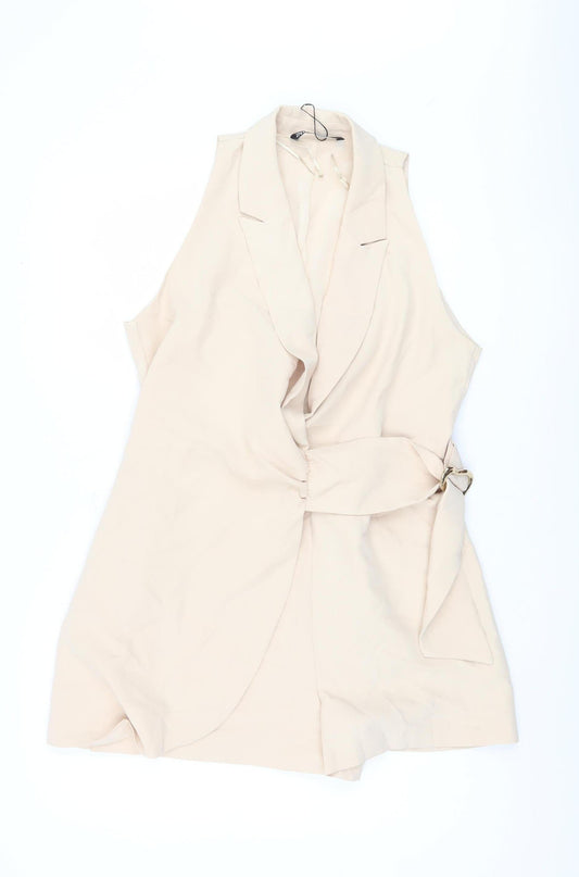 Zara Beige Women's Belted Collared Playsuit Size 14