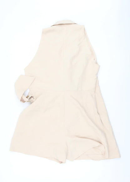 Zara Beige Women's Belted Collared Playsuit Size 14