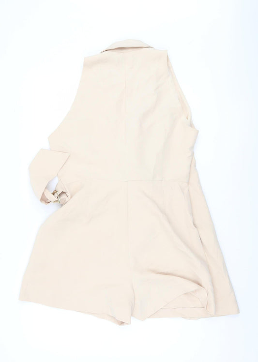 Zara Beige Women's Belted Collared Playsuit Size 14
