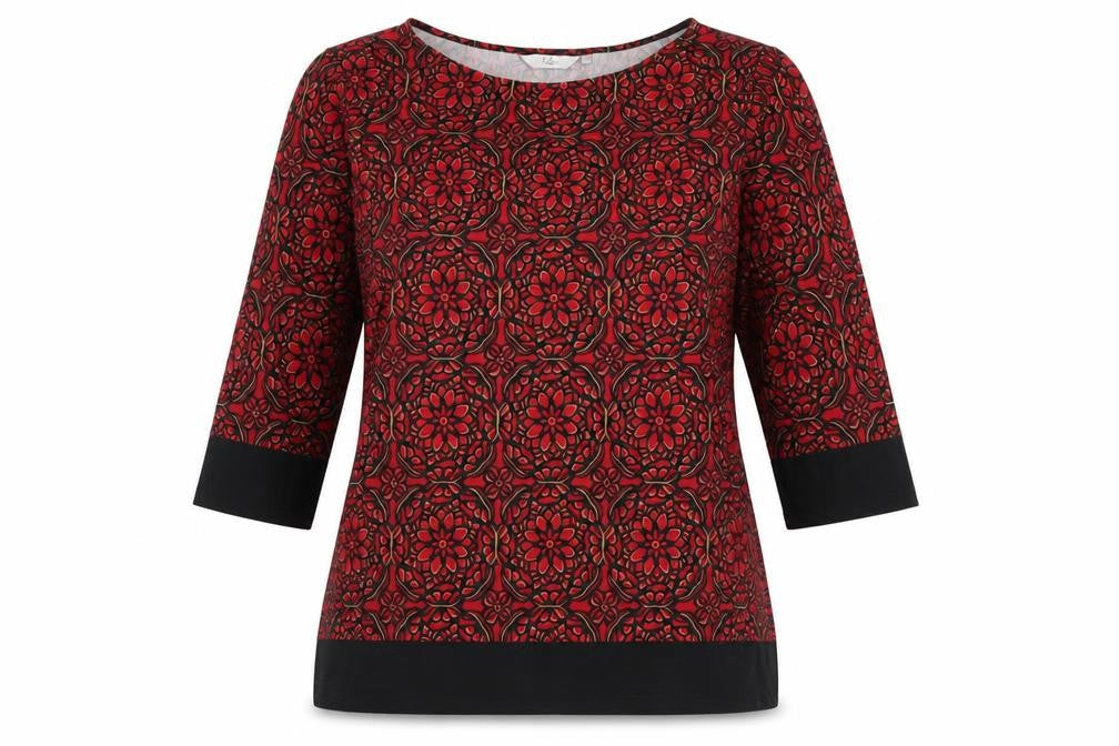 Front view of Isle Women's Red Floral Print 3/4 Sleeve Top