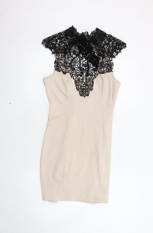 Lipsy Women's Beige Lace Bodycon Dress Size 14