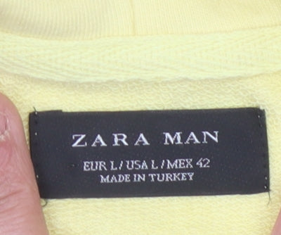 Zara Men Yellow Pullover Hoodie L Cotton Blend