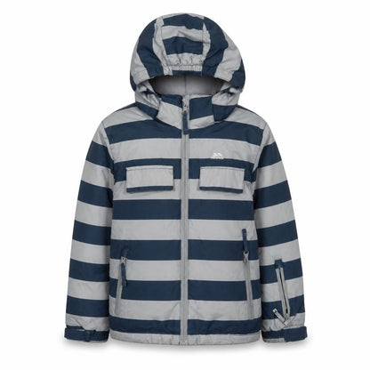 Front view of Trespass boys’ blue striped parka jacket 5-6 years waterproof