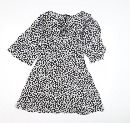 Mango Women's Black Floral Dress Size 12 Flared Sleeves