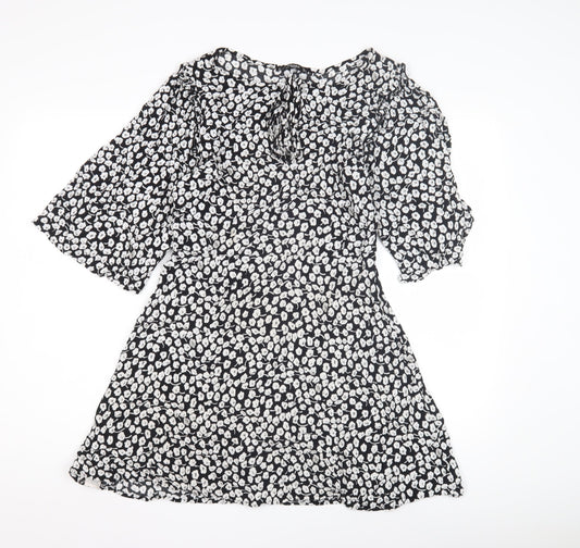 Mango Women's Black Floral Dress Size 12 Flared Sleeves