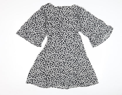Mango Women's Black Floral Dress Size 12 Flared Sleeves