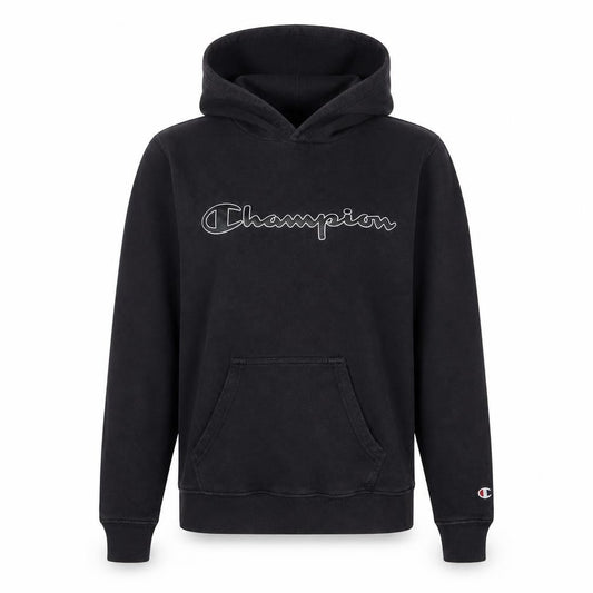 Front view of Champion unisex black hoodie xs, logo pullover