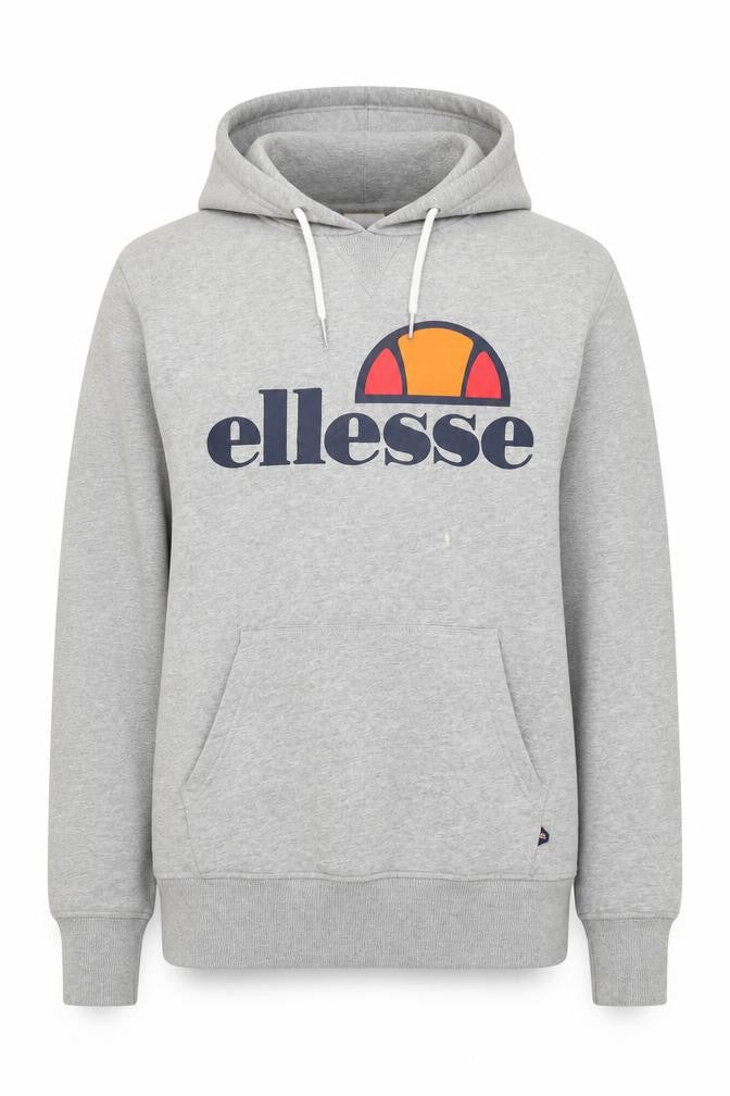 Front view of Ellesse Grey Pullover Hoodie, unisex adult, size 8, casual