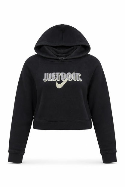 Front view of Nike girls’ black logo hoodie l pullover activewear