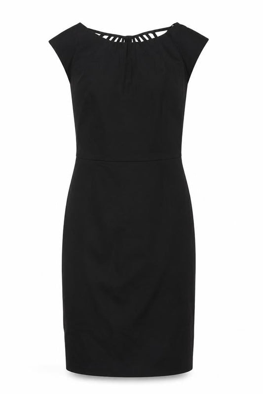 Front view of Laura Ashley Black Sheath Dress -, size 8, Classic Cocktail