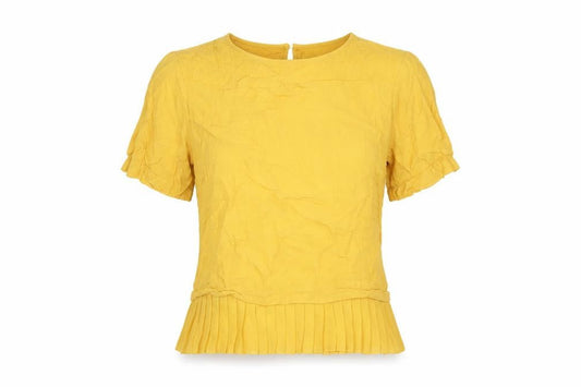 Front view of Zara Woman Yellow Short Sleeve Top, size 8, Round Neck