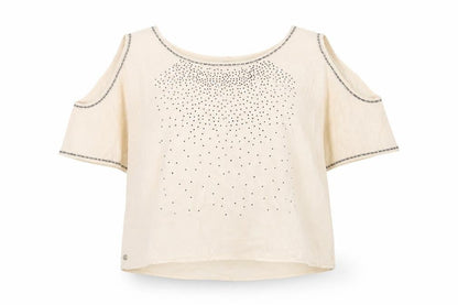 Rock & Revival Women's Beige Studded Cold Shoulder Top