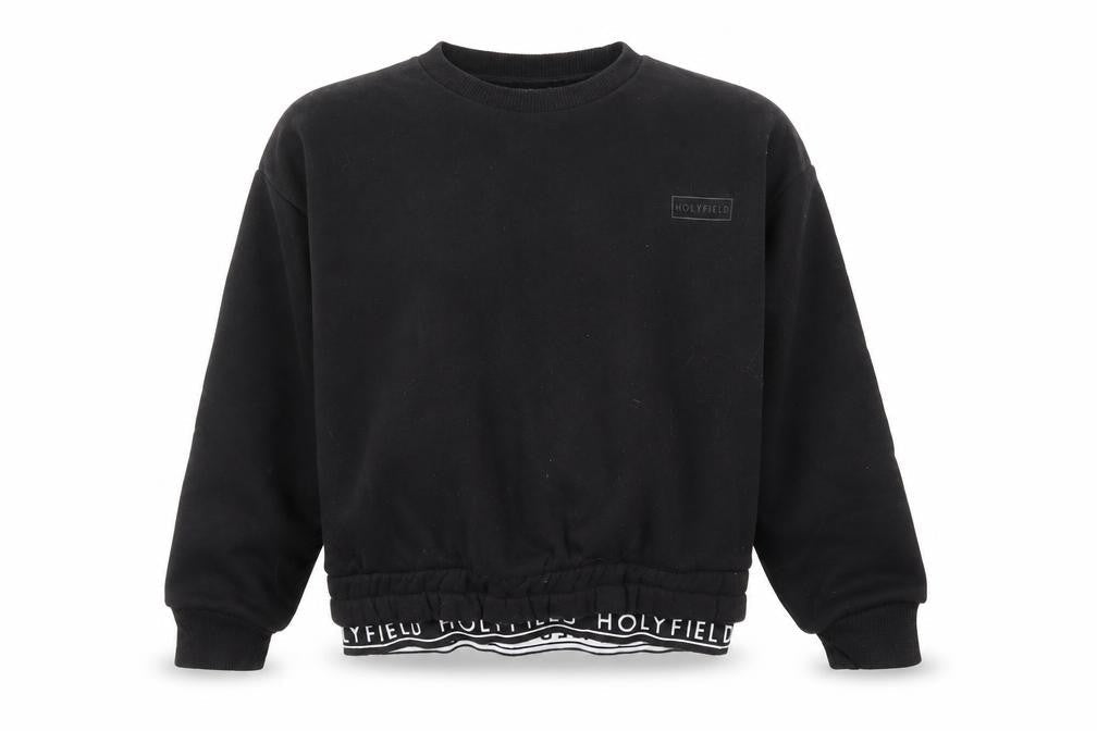 Front view of Holyfield girls’ black pullover sweatshirt s logo elastic waist