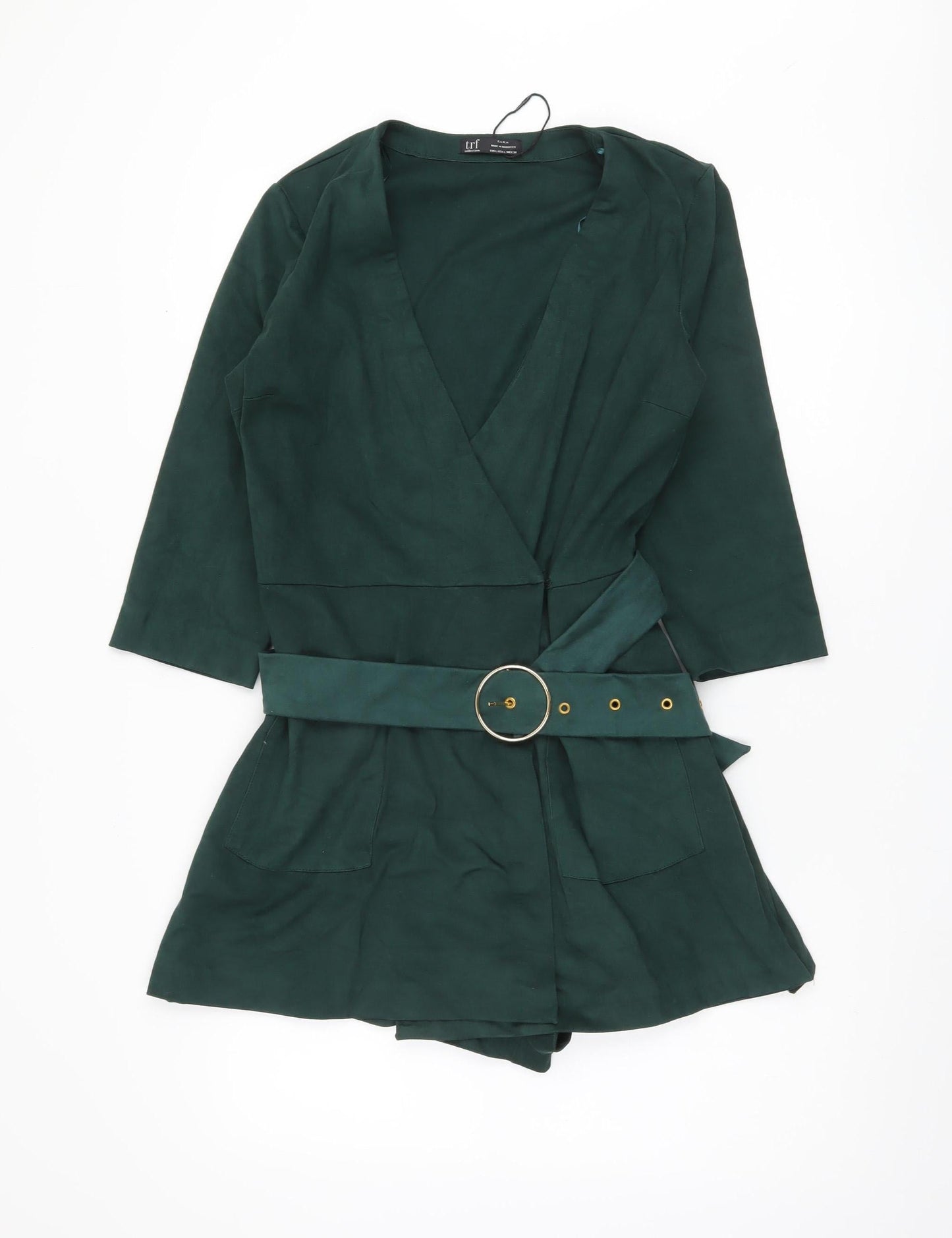 Zara Women's Green Belted Playsuit Size 12 V-Neck