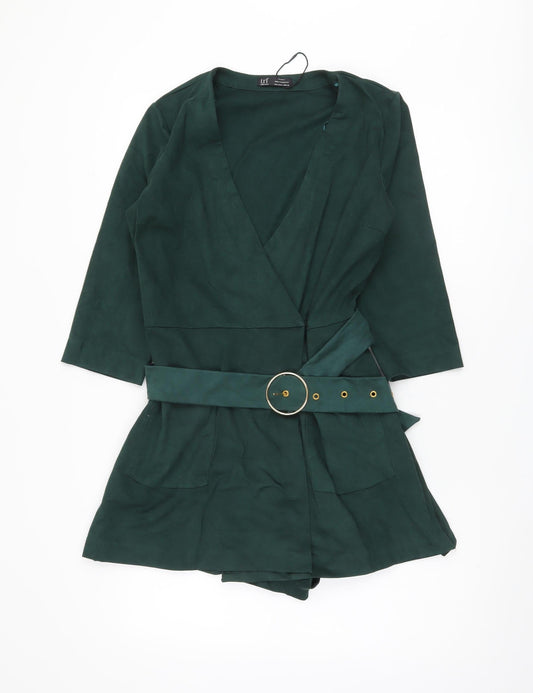 Zara Women's Green Belted Playsuit Size 12 V-Neck