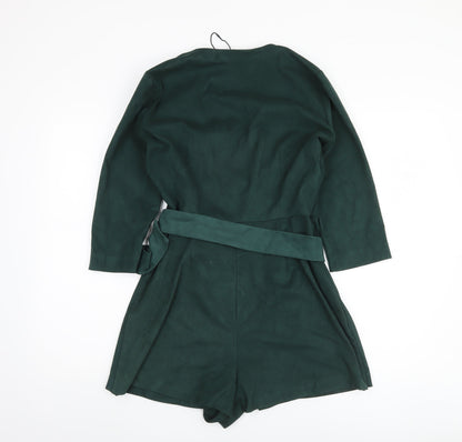 Zara Women's Green Belted Playsuit Size 12 V-Neck