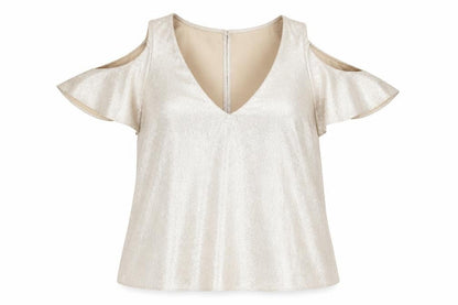 Oasis Women's Beige V-Neck Cold Shoulder Blouse Size 8