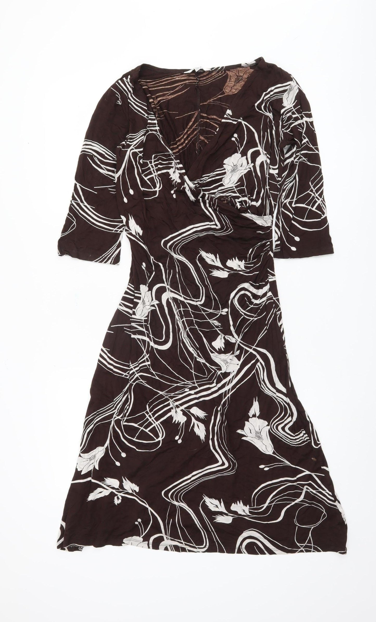 M&Co Brown Floral 3/4 Sleeve Dress for Women, Size 12
