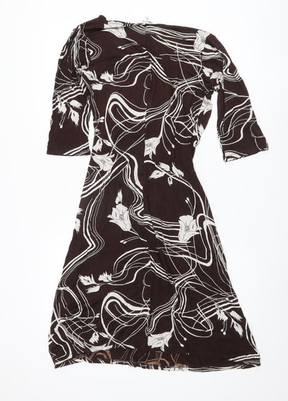 M&Co Brown Floral 3/4 Sleeve Dress for Women, Size 12