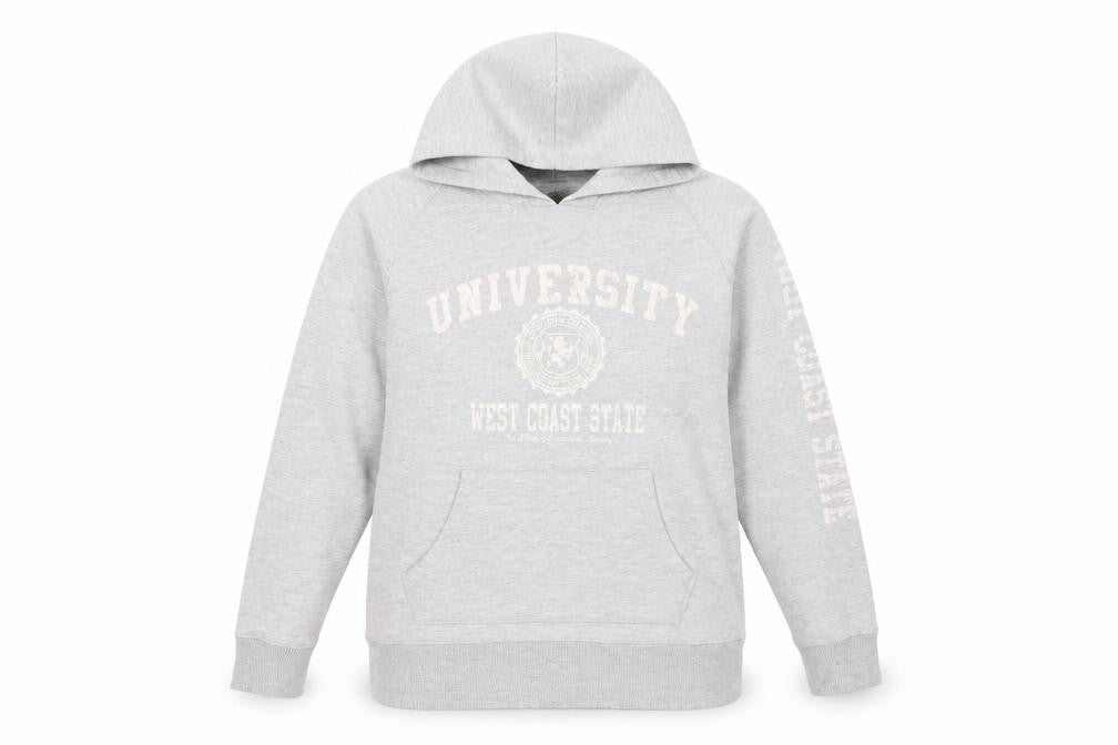 Front view of Genuine Grey unisex adults university pullover hoodie, size 18
