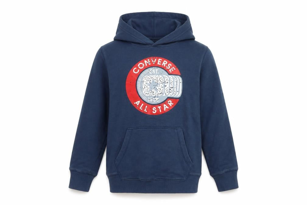 Front view of Converse boys’ blue pullover hoodie 12-13 years graphic logo