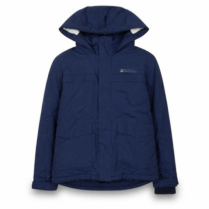 Front view of Mountain Warehouse boys’ blue parka jacket, size 7-8, waterproof