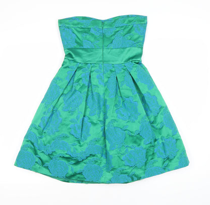 Warehouse Green Floral A-Line Strapless Dress - UK 6
