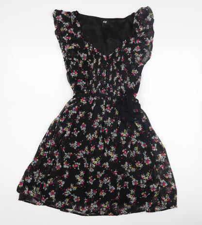 H&M Floral Black Flutter Sleeve Women's Dress Size 6