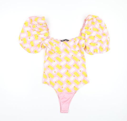 Zara Women’s Pink Geometric Puff Sleeve Bodysuit Small