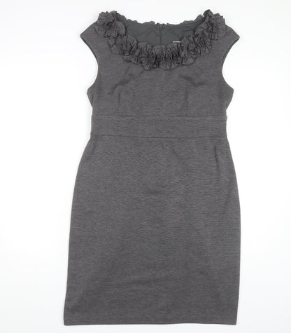 Wallis Women's Grey Sheath Dress Size 14 Ruffled Neck
