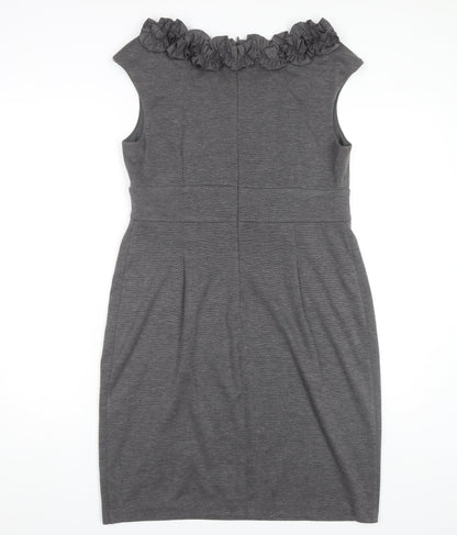 Wallis Women's Grey Sheath Dress Size 14 Ruffled Neck