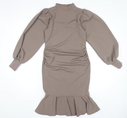 Boohoo Women’s Brown Sheath Dress Size 10, High Neck, Ruched