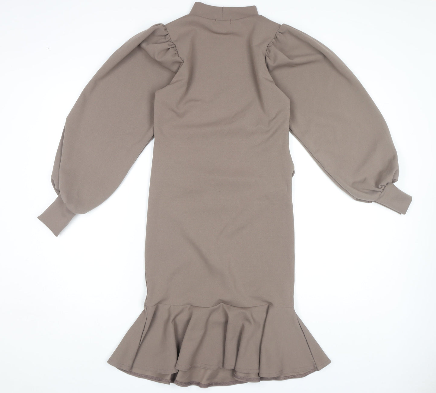 Boohoo Women’s Brown Sheath Dress Size 10, High Neck, Ruched