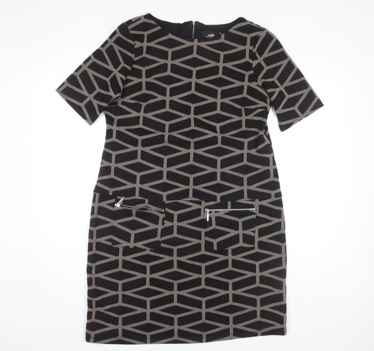 Wallis Women's Black Sheath Dress, Size 14, Geometric Pattern