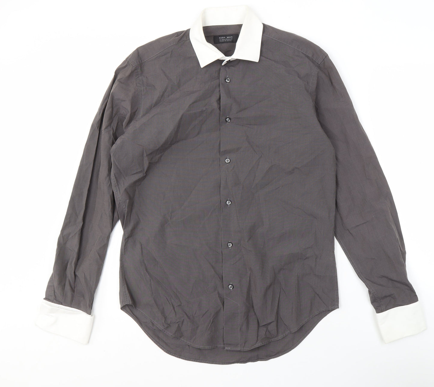 Zara Men's Grey Button-Up Shirt Size 40 Long Sleeve