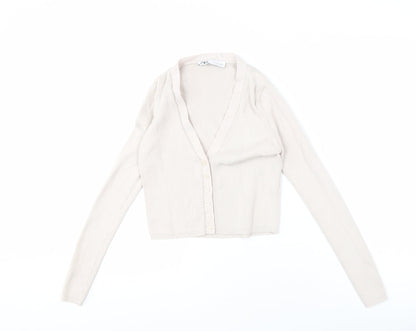 Womens UK Size 10 Zara Beige Cropped Button-Up