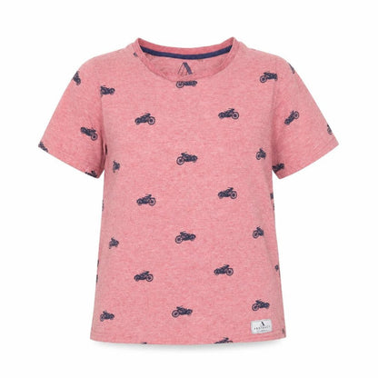 Front view of Abstract unisex red t-shirt, size 12, motorcycle print