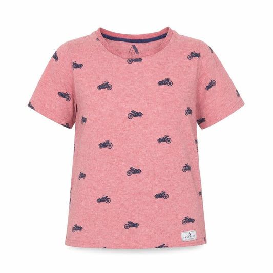 Front view of Abstract unisex red t-shirt, size 12, motorcycle print