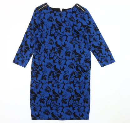 Wallis Women's Blue Floral Dress, Size 8, 3/4 Sleeve