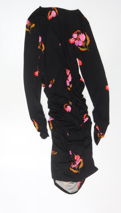 Zara Women's Black Floral Bodycon Midi Dress, M