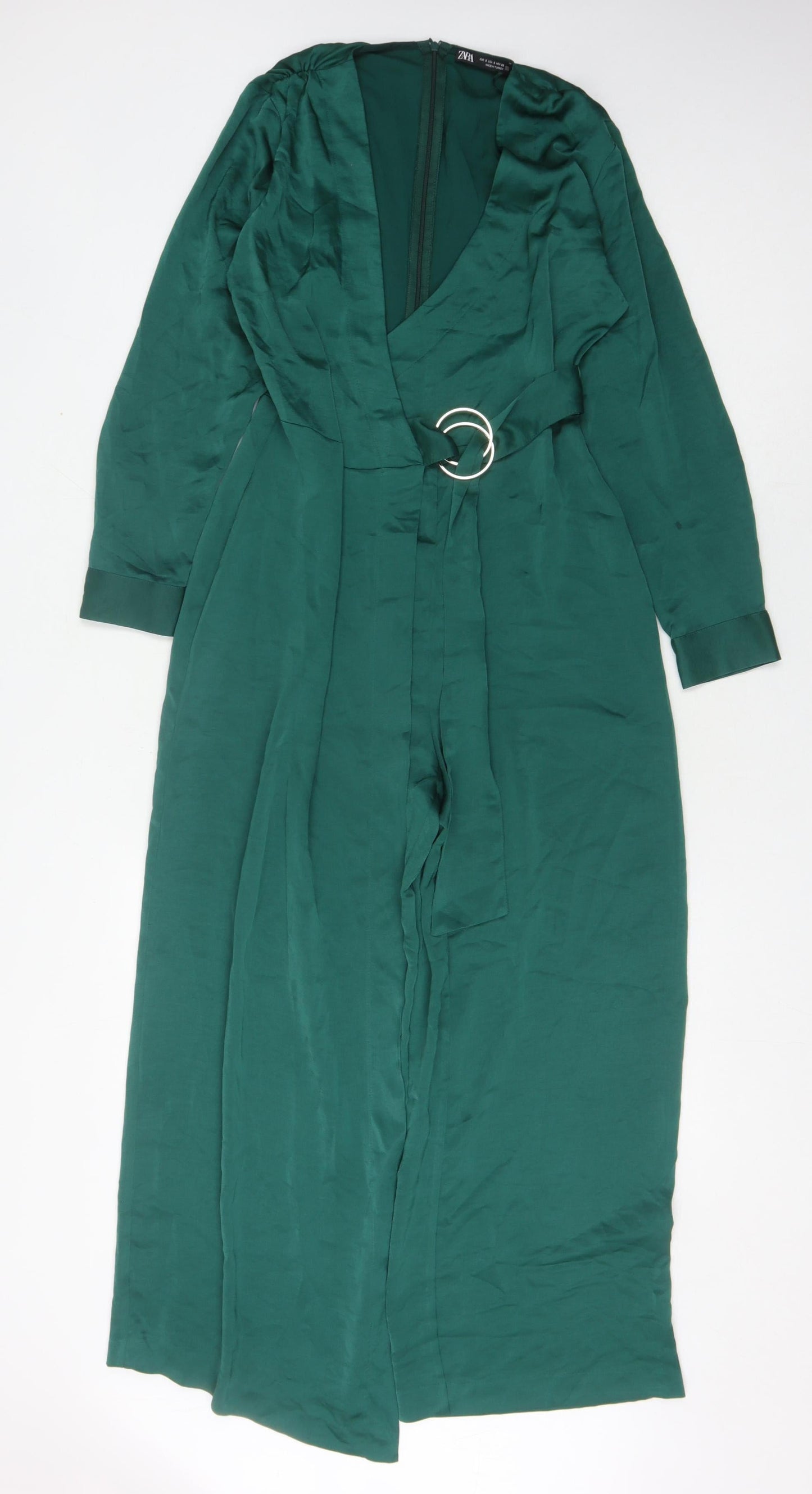 Zara Women’s Green Belted Jumpsuit, Size S, V-Neck Wide-Leg
