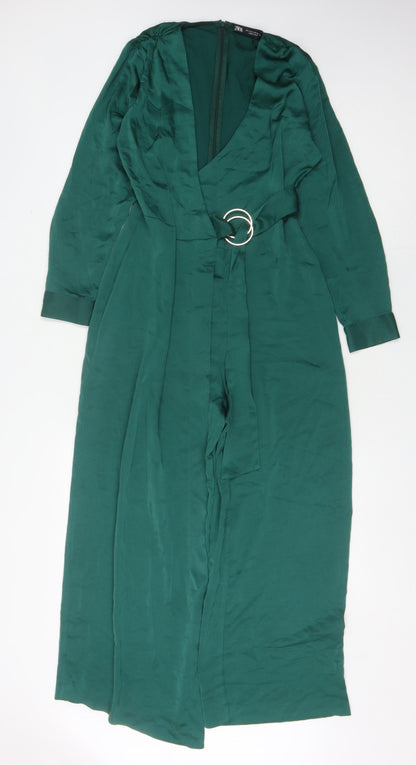 Zara Women’s Green Belted Jumpsuit, Size S, V-Neck Wide-Leg