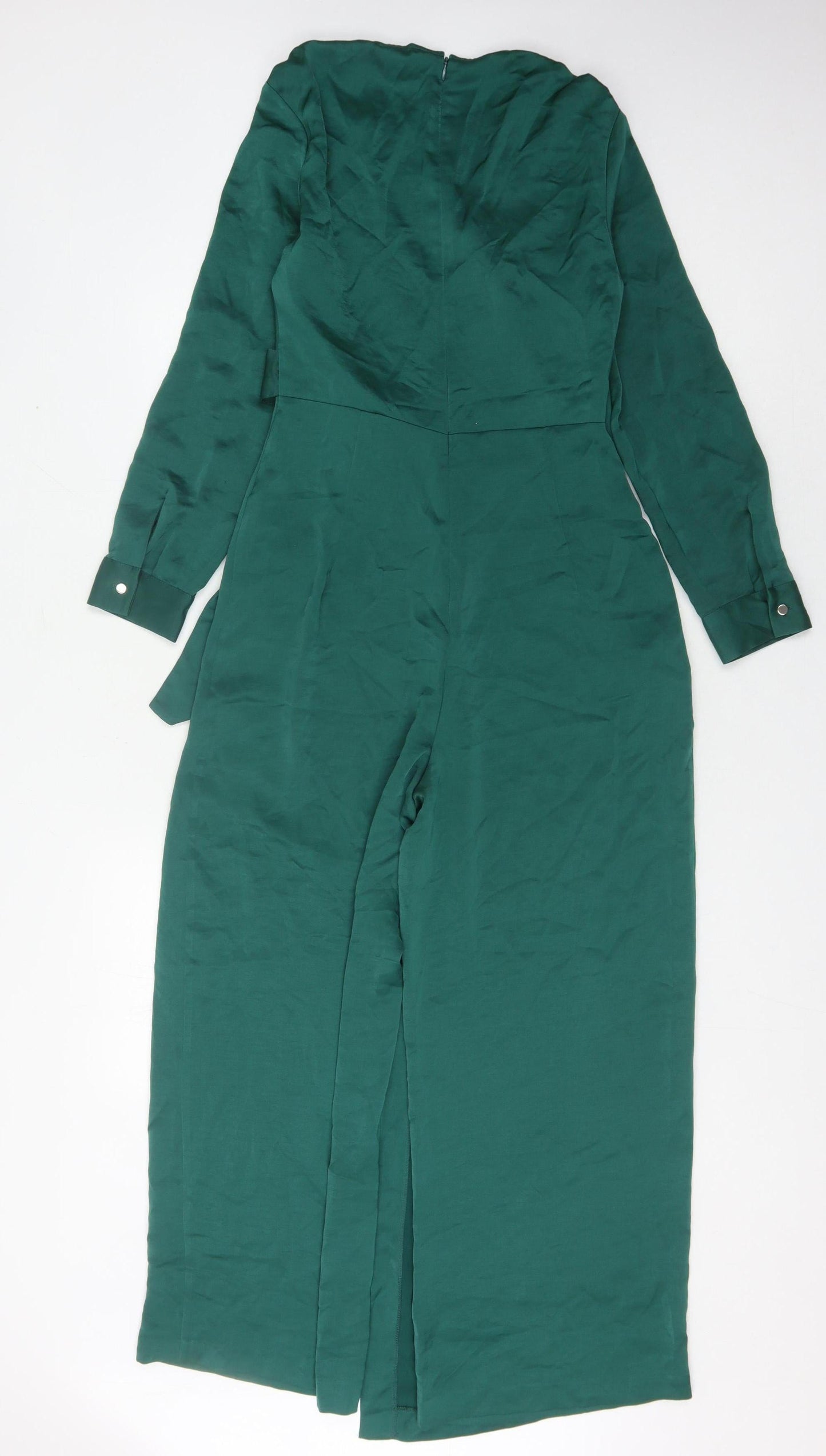 Zara Women’s Green Belted Jumpsuit, Size S, V-Neck Wide-Leg