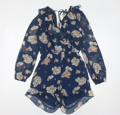 New Look Women's Blue Floral Playsuit Size 8