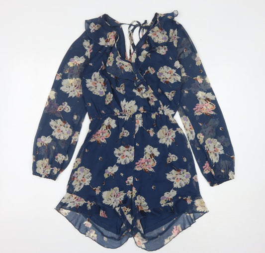 New Look Women's Blue Floral Playsuit Size 8