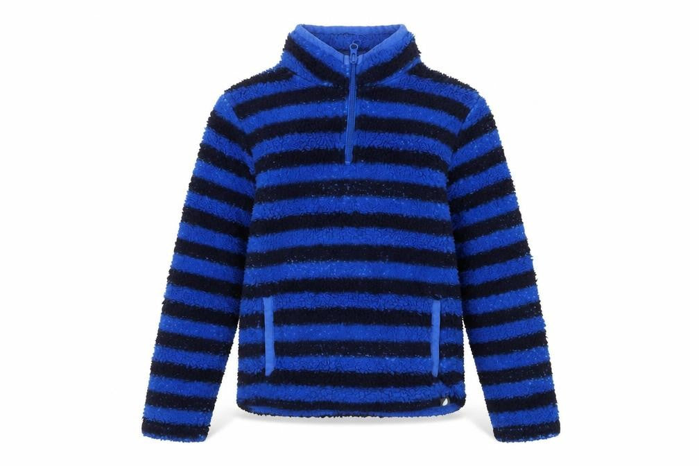 Front view of Peter Storm boys’ blue striped fleece pullover sweatshirt 7-8 years